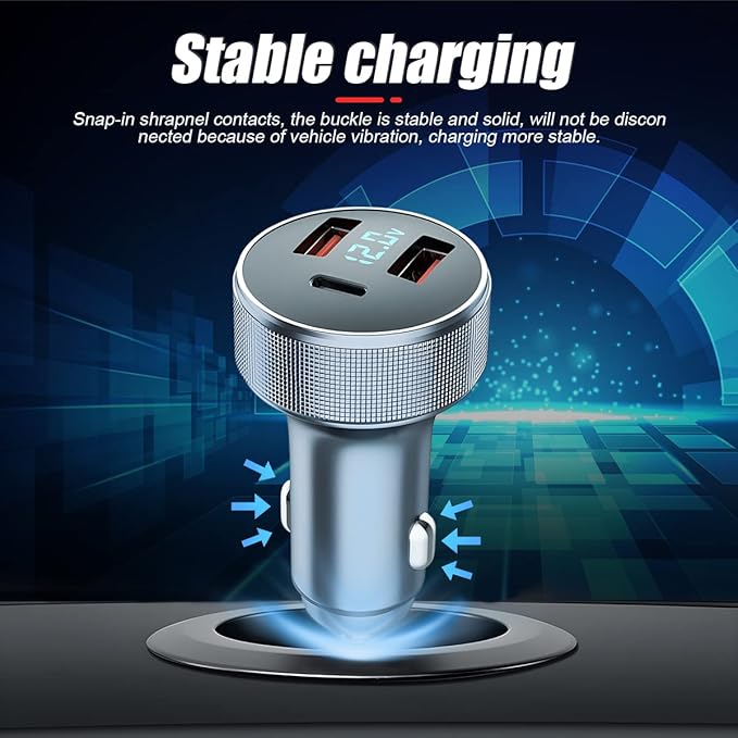 72W Fast Car Charger Adapter, Dual USB Fast Charging Type C Car Charger with LED Display Adapter, QC 3.0 PD Cigarette Lighter Adapter for Laptop Smartphone, 3 in 1 Power Delivery for All Car