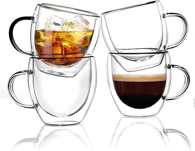 KitchenTour Insulated Coffee Mug 6 oz- Double Wall Glass Coffee Cup with Handle Set of 4 - Clear Glass Drinkware for Espresso，Cappuccino, Latte，Hot Beverages
