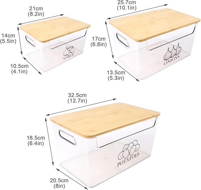 Potato and Onion Storage Bins, Transparent Acrylic Bin with Bamboo Lid, Stackable Vegetable Storage Bins for Potato, Onion, Garlic, Set of 3