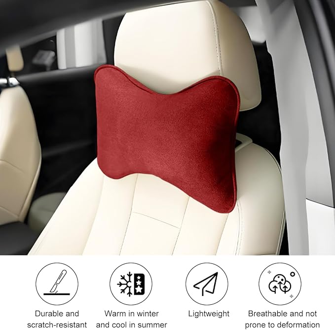 Car Headrest Pillow, Suede Soft Comfortable Breathable Vehicle Seat Neck Support Cushion with Adjustable Strap, Ergonomic Design Auto Head Rest Pad, Universal for Sedan RV Truck (Red)