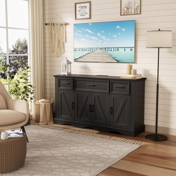 56" Buffet Cabinet with Storage, Farmhouse Sideboard Buffet with 3 Drawers and 4 Doors, Wood Coffee Bar Cabinet with Adjustable Shelves, Sideboard Storage for Kitchen, Living Room, Entryway, Black