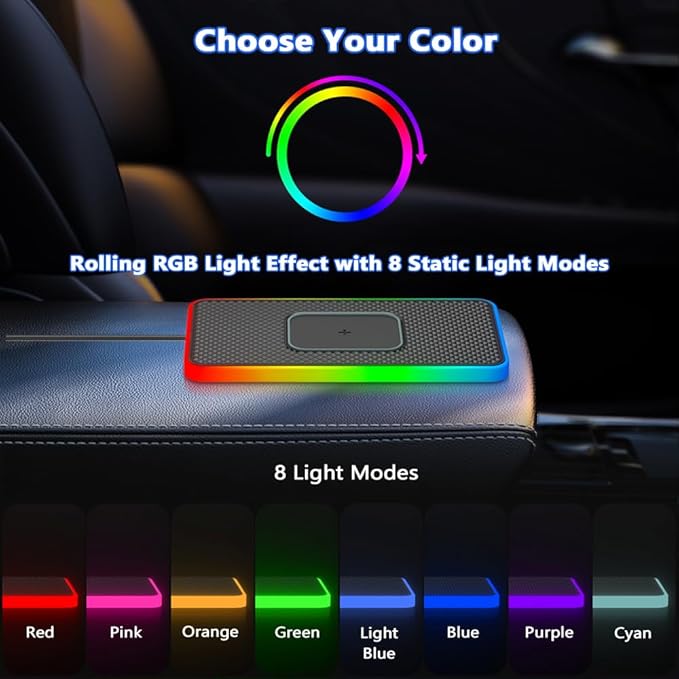 Cordless Car Charging Pad for Chevrolet Blazer/Blazer EV/Bolt EUV/Colorado, 5W/7.5W/10W/15W/20W Charging, Trim-to-Fit Non-Slip Phone Charging Mat with 8 Ambient Light Modes, 100cm Cable