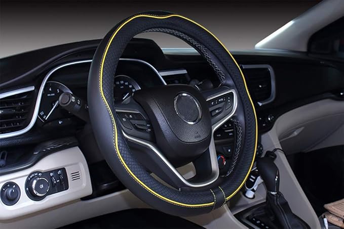 Mayco Bell Universal Standard Size Steering Wheel Cover Anti-Slip,Safety,Soft,Breathable,Durable,Full Surround,Comfortable Grip Microfiber Leather (14.5-15 inch,Black Yellow)