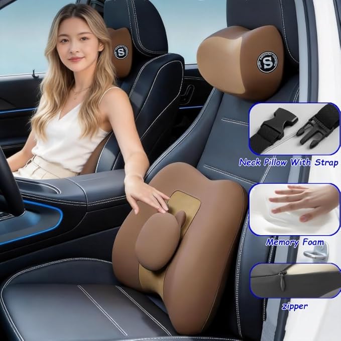 Car Lumbar Support and Neck Pillow for Driving Seat, Memory Foam Car Back Support Pillow & Headrest for Improve Posture, Driver Back Neck Sciatica Pain Relief Cushion (Grey)