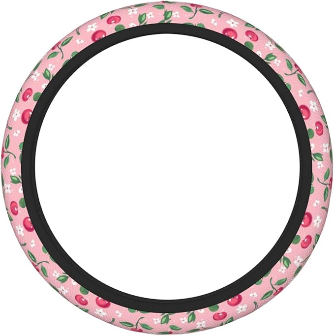 Cherries White Flowers Steering Wheel Cover for Women Men Girls, Car Accessories Decor Thickened Anti-Slip Auto Steering Wheel Covers Protector Universal Fit 15 Inch for Cars, Truck, SUV