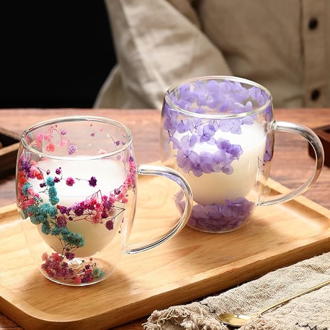 Double Wall Glass Coffee Mugs, 12 oz Clear Floral Insulated Glass Cups with Handle, Hand Blown Borosilicate Coffee Mug for Espresso, Cappuccino, Latte, Tea & Hot Beverages (Purple)
