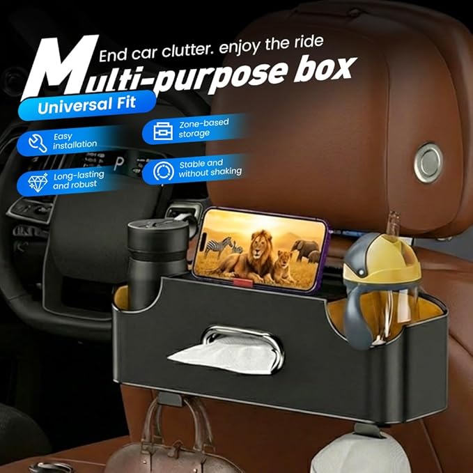 Car Backseat Organizer 3-in-1 Multifunctional Car Back Seat Storage Box with Drink Cup Holder Tissue Box Trash Bin & Hooks, Back Seat Car Organizer for Hold Phones,Drinks, and Handbags (White)