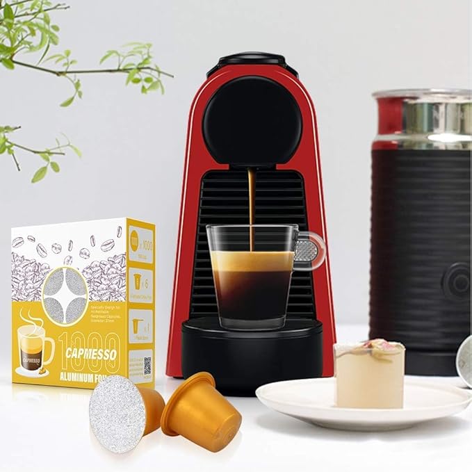 CAPMESSO Espresso Foils and Refillable Capsules-Seal Lids to Reusable Capsules Coffee Pod Compatible with Nespresso Original Line Machines (Silver -1000pcs Lids+6 pcs Pods)