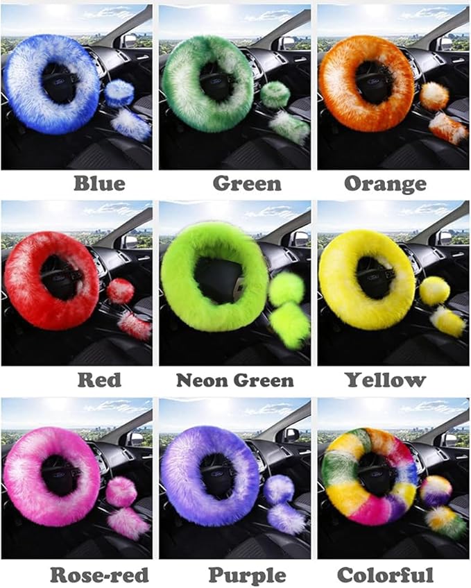 15inches Universal Leather Car Steering Wheel Cover Car Accessories Colorful Fuzzy Steering Wheel Cover Gear Shift Cover Handbrake Cover (neon Green)