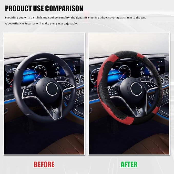 Car Steering Wheel Cover, Steering Wheel Cover Protector, 15 Inch Carbon Fiber Microfiber Leather Elastic Steering Wheel Protector, Car Steering Wheel Accessories for Vehicles (Black red)
