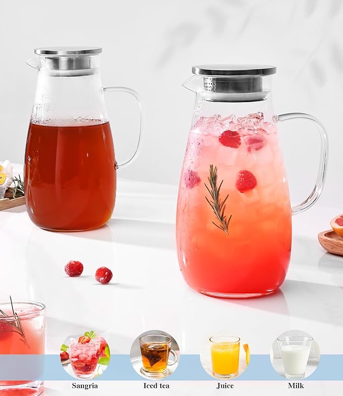 LUNA & MANTHA Glass Pitcher with Lid, Water Pitcher for Fridge, 64oz Drink Jug with handle, Borosilicate Glass for Iced Tea, Juice, Milk, Coffee Hot Cold Beverages Carafe 2 Quart