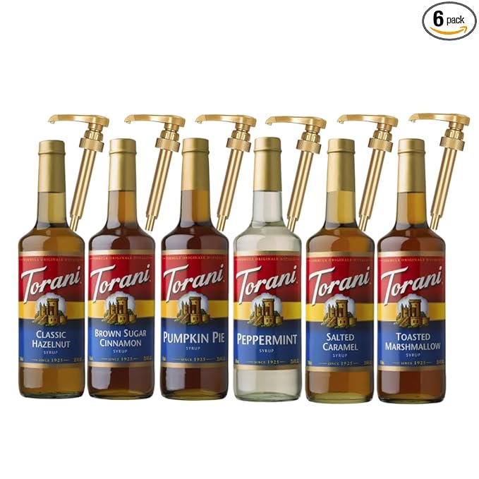 Jimoco Syrup Pump & Torani Syrup Bundle - Brown Sugar Cinnamon, Hazelnut Classic, Pumpkin Pie, Peppermint, Salted Caramel, & Toasted Marshmalow - For Italian Soda Coffee, Lattes, Frappes With 6 Pump Dispensers