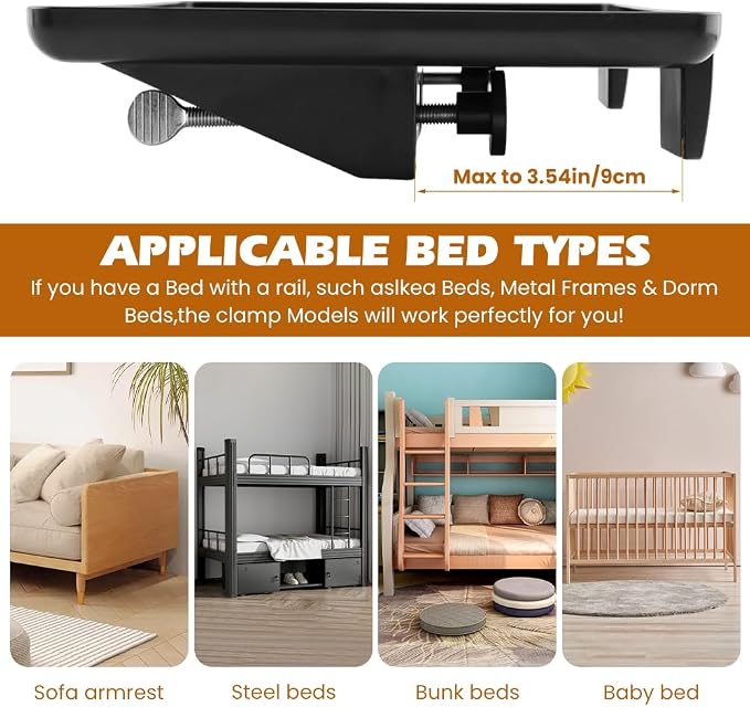 Bedside Shelf,Bunk Bed Table Shelf for Top Bunk,Clip On Nightstand Tray with Cord Management for Table Storage,College Dorm Room Essential,Plastic Bed Side Table Tray Organizer