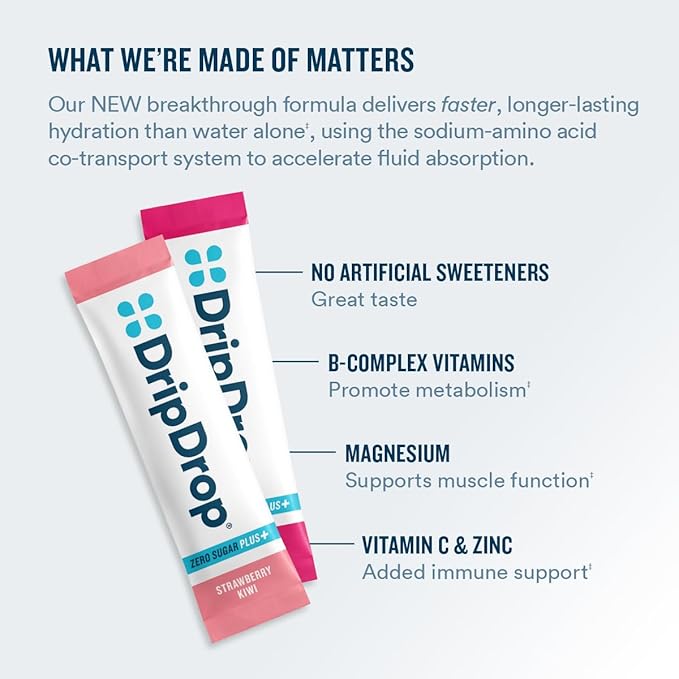 DripDrop Zero Sugar Plus - Sugar Free Hydration Packets - Single Serve Electrolytes Powder Drink Mix - Strawberry Kiwi, Peach, Cherry Limeade, Wild Berry - Non-GMO, Gluten Free, Vegan - 16 Sticks