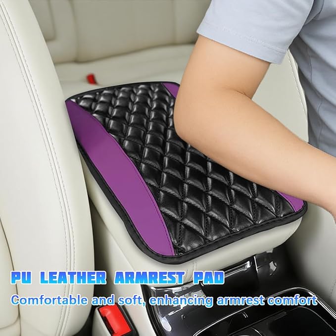 Car Center Console Cover, Comfortable PU Leather Vehicle Armrest Storage Box Cushion Pad, Anti-Scratch Automotive Interior Arm Rest Cover Protector, Universal for Truck SUV Sedan (Purple)