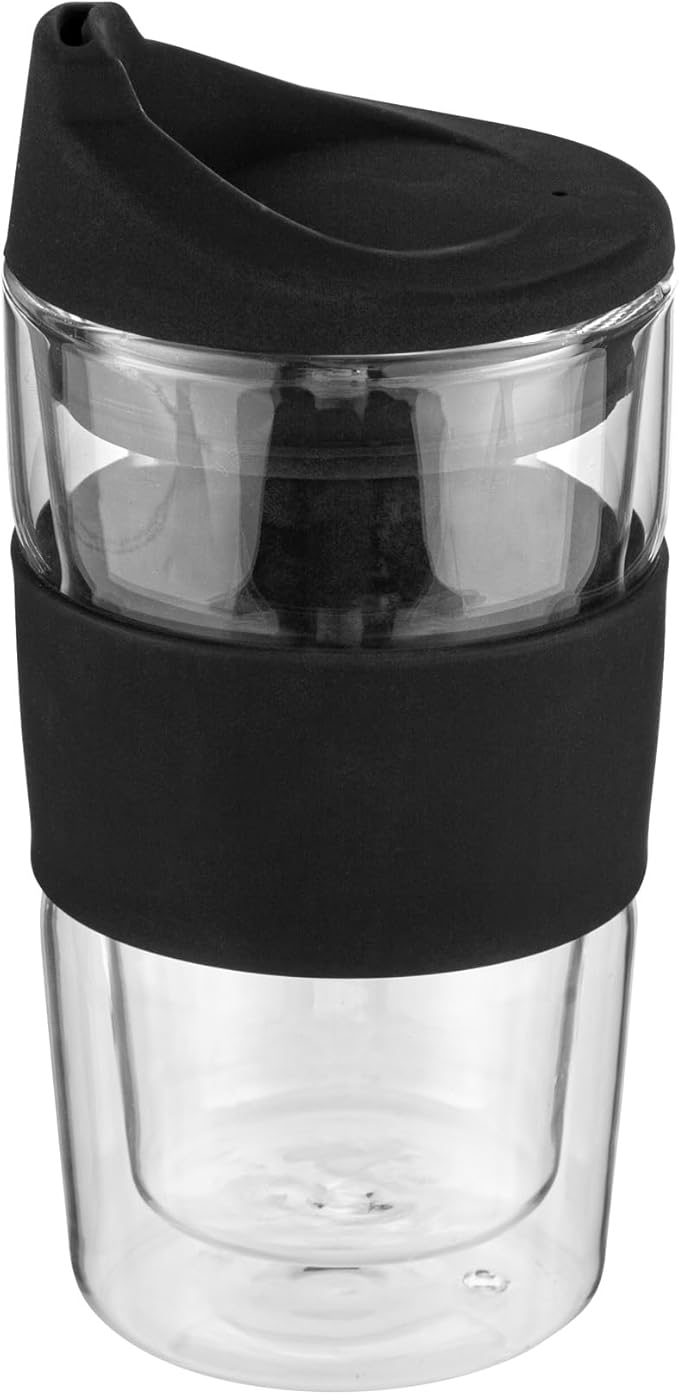Restaurantware Glass Travel Mug 1 Count 12 Ounce Double Wall Borosilicate Reusable Coffee Cup, Spill-Resistant Black Silicone Lid, Clear Drinkware Mug for Hot and Cold Beverages