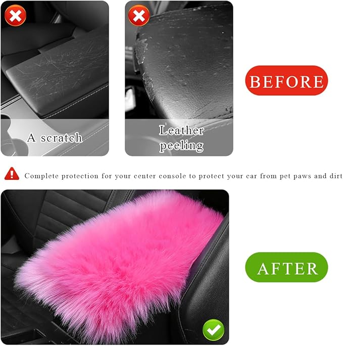 Car Center Console Cover Pad, Fluffy Middle Console Pad Armrest Seat Box Cover, Universal Furry Arm Rest Decoration Protector for Car Truck SUV, Interior Car Accessories (Dark Pink)