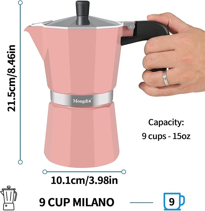 Mongdio Stovetop Espresso Maker Moka Pot, Stove Top Cuban Coffee Maker, Italian Greca Mocha Pot, 9 Espresso Cups, 15 oz - Pink