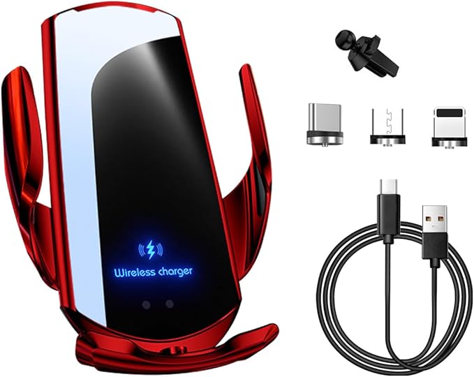 Wireless Car Charger Mount, 15W Automotive Electric Wireless Charger Holder, Car Air Vent Mount Bracket Fast Charging for Most Smartphone, Universal Car Accessories (Red)