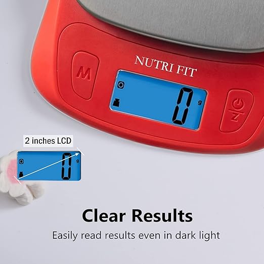 NUTRI FIT Ultra Slim Food Scale Digital Kitchen 1g Increment Measure in lb oz ml High Precision Weight in Grams and oz for Coffee Making, Meal Prep - Red/Stainless Steel