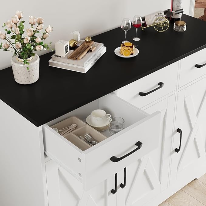 HOSTACK Modern Farmhouse Buffet Sideboard Cabinet, Barn Doors Storage Cabinet with Drawers and Shelves, Wood Coffee Bar with Storage for Dining Room, Kitchen, Living Room, White/Black