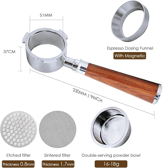 54mm Bottomless Portafilter with 3 Ears – Includes Magnetic Dosing Funnel, Etched & Sintered Filter Screens, Double Shot Basket, Stainless Steel Holder with Redwood Handle, Fits DeLonghi51mm Machines