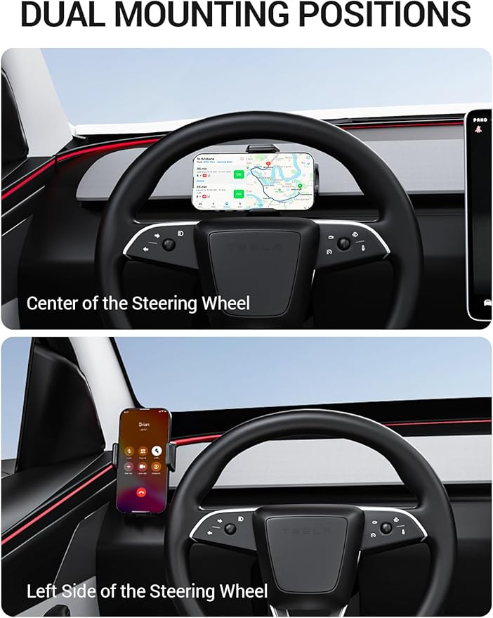 BASENOR Phone Mount for 2025 2026 Tesla Model Y Juniper/Model 3 Highland, Dashboard Phone Holder Does Not Block View [No Adhesive][Dual Arms][360° Adjustable] Tesla Accessories Fit All Smartphone