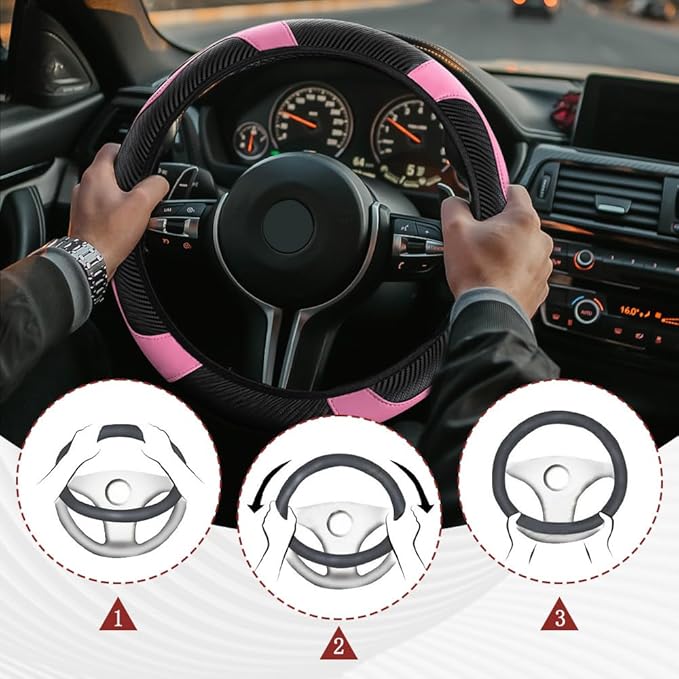 Car Steering Wheel Cover, Steering Wheel Protector, Universal 14.5-15 Inch Microfiber Leather Breathable Auto Steering Wheel Covers, Carbon Fiber Steering Wheel Cover for Women Men (Pink)