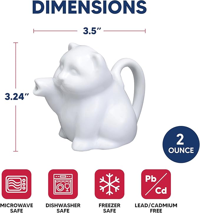 HIC Kitchen Mini Cat Creamer With Handle, Fine Porcelain, 2-Ounce, For Serving Milk, Cream, Syrup, Dressings, And Sauces, Set of 2