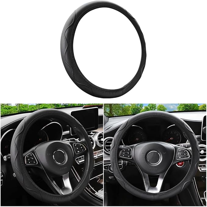 Elastic Stretch Car Steering Wheel Cover, Leather Soft Vehicle Steer Wheel Protector, 14.5-15 Inch Anti-Slip Automotive Protective Guard Accessories, Universal for SUV, Sedan, Truck (Black)