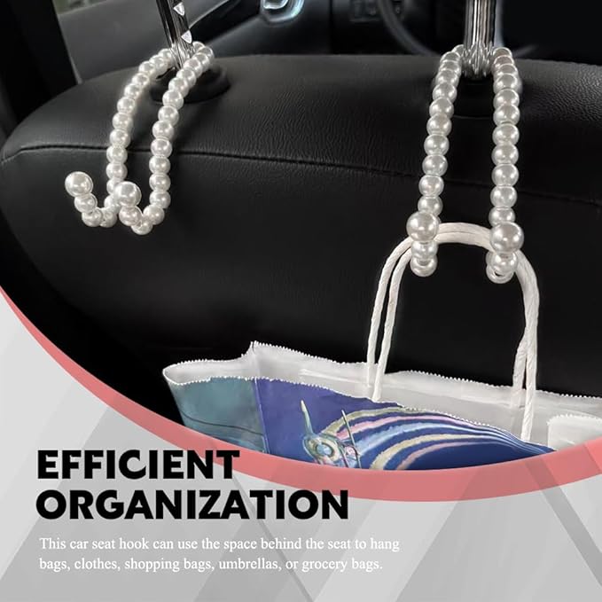 2PCS Elegant Pearl Car Seat Headrest Hook, Purse Hook for Car, Multi-Functional Automotive Rear Seat Hangers, Auto Interior Accessories Cute Vehicle Backseat Storage Hanger for Women Girls