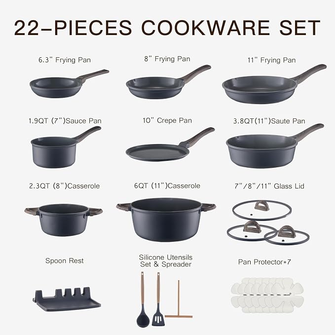 USELUCK Pots and Pans Set Nonstick 22 Pcs, Ceramic cookware set Non-Toxic CoatingGray Granite Kitchen Cookware Set, Induction Kitchen Cooking Set w/Frying Pans & Glass Lids, PFOS & PFOA Free