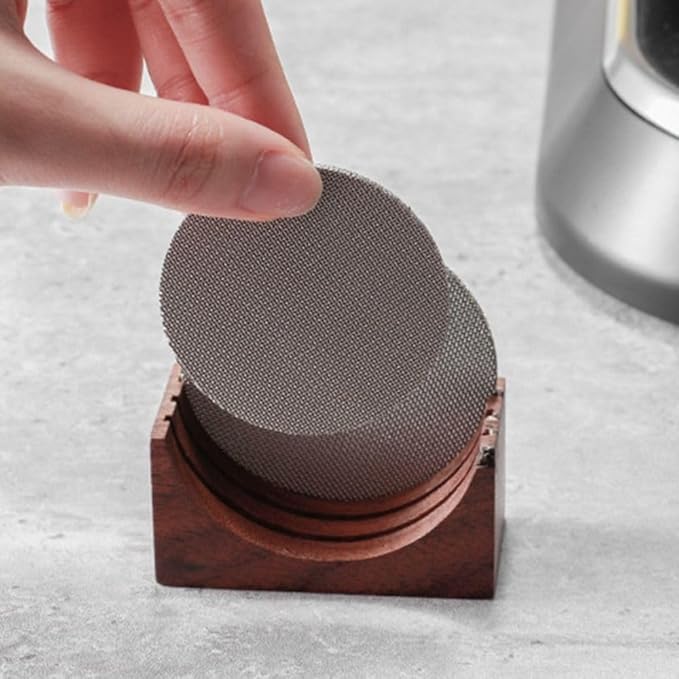 51/53/58mm Reusable Coffee Filter With Walnut Wood Holder - Puck Screen Stand Set for Espresso Machine