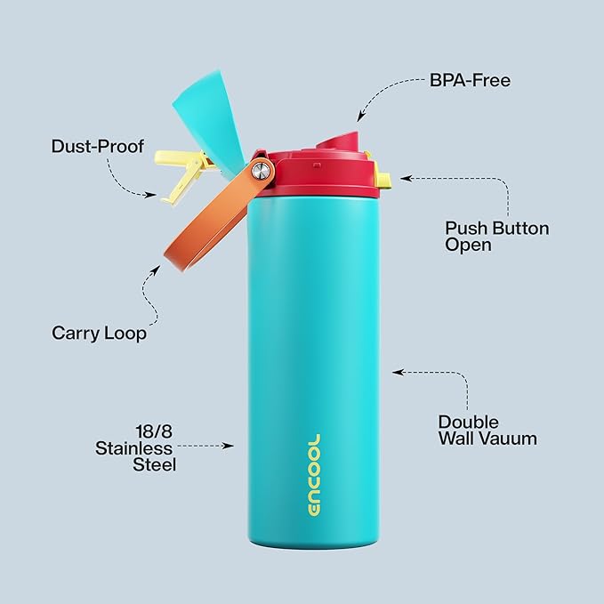 Insulated Water Bottle with Straw - Encool Stainless Steel Water Bottle with Push Button Lid, Leak-Proof & BPA-Free, Keeps Cold for 24 Hours for Sports, Travel, Gym (24 oz, Cerulean Blue)
