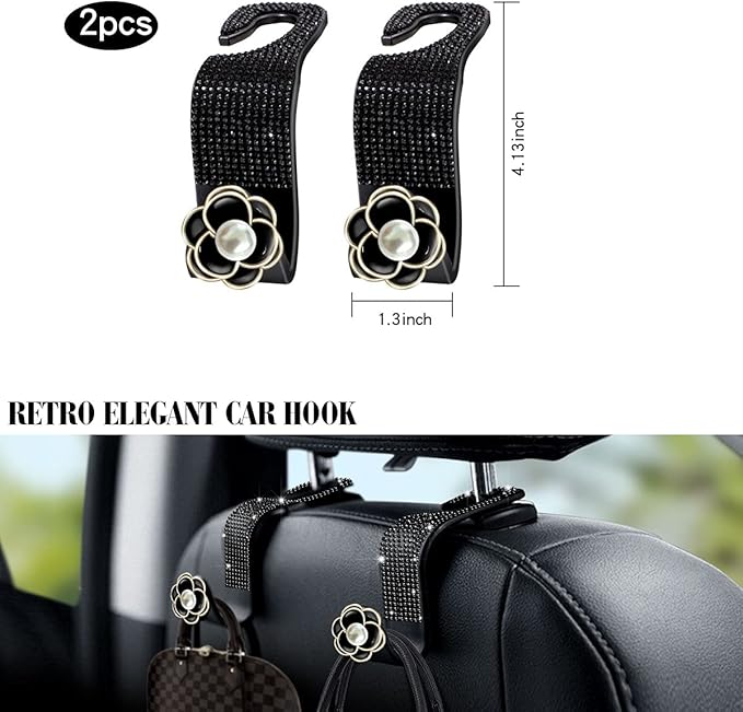 2 Pieces Bling Car Hooks for Back Seat Purses and Bags - Headrest Mask Organizer With Diamond (Black)