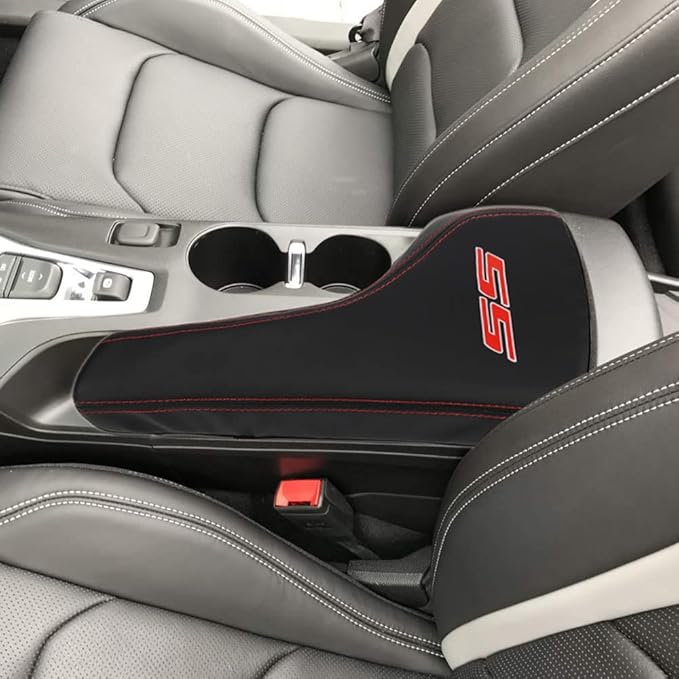 BOYOUS Armrest Cover Center Console Pad Full Protection Console Leather Arm Rest Interior Accessories Fit for Chevrolet Camaro 2016-2024-Red Stitches
