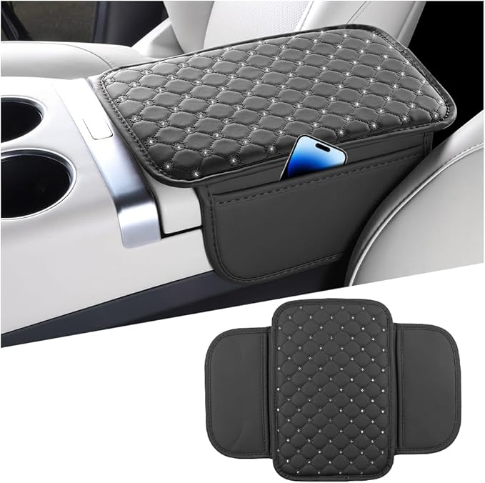 Bling Car Center Console Cover, Leather Crystal Rhinestone Vehicle Armrest Cushion Pad with Side Storage Bags, Scratch Resistant Auto Middle Console Protection Mat, Universal Fit (Black)
