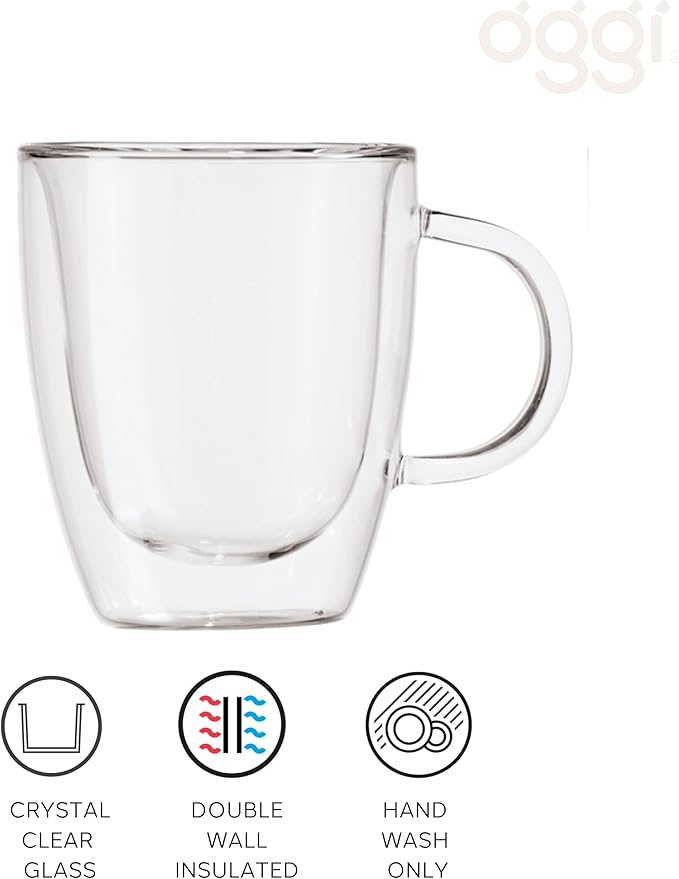 Oggi Set of 2 Double Walled Insulated 12-Ounce Borosilicate Glass Bistro Mugs