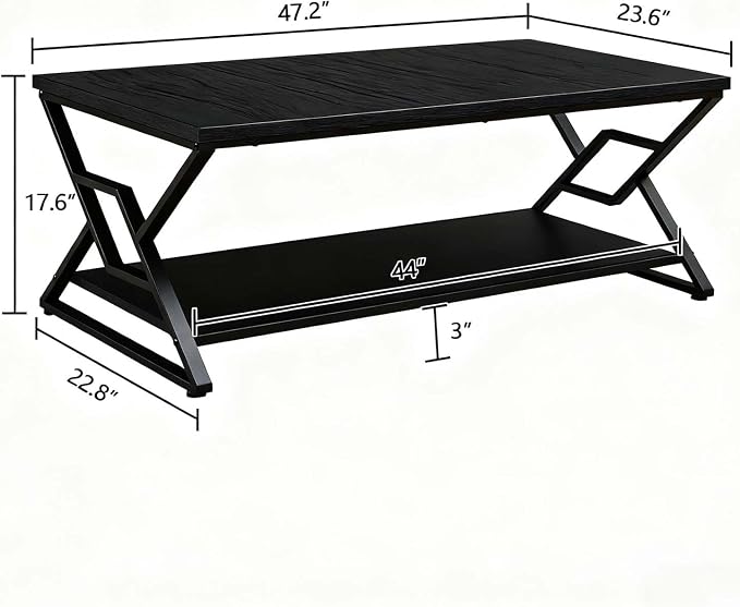 HOMISSUE Coffee Table, Rustic Rectangle Coffee Table with 2-Tier Storage, Engineered Wood Center Table with Open Shelves, Minimalist Coffee Table for Living Room, 47 Inch, Black