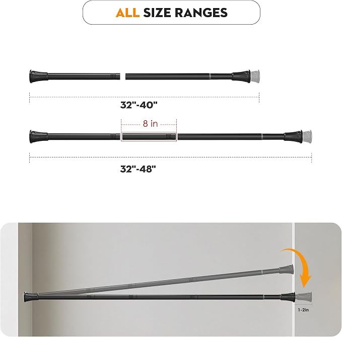 1.1 Inch Diameter Tension Closet Rods for Hanging Clothes 32-48 Inch, Adjustable Pole Closet to Hang Clothes, Heavy Duty Closet bar for Wardrobes with No Drilling Holder, Matte Black