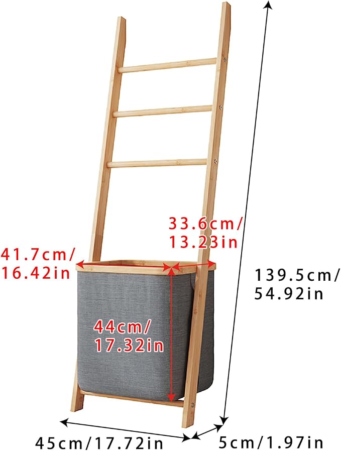 Blanket Ladder with Basket, Bamboo Towel Rack with Storage Hamper Basket, Wall Leaning Decorative Ladder Shelf, Drying Display Blanket Holder Rack for Bathroom Living Room (Grey)