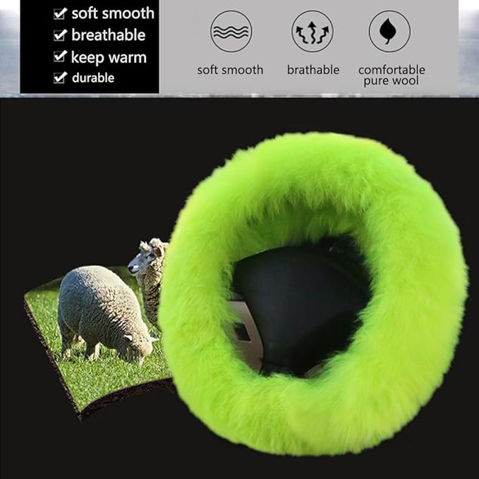 15inches Universal Leather Car Steering Wheel Cover Car Accessories Colorful Fuzzy Steering Wheel Cover Gear Shift Cover Handbrake Cover (neon Green)