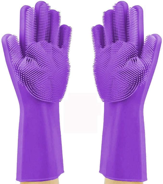Silicone Dishwashing Gloves, Pet Grooming Rubber Scrubbing for Dishes, Sponge Wash Cleaning with Scrubbers (13.6" L)