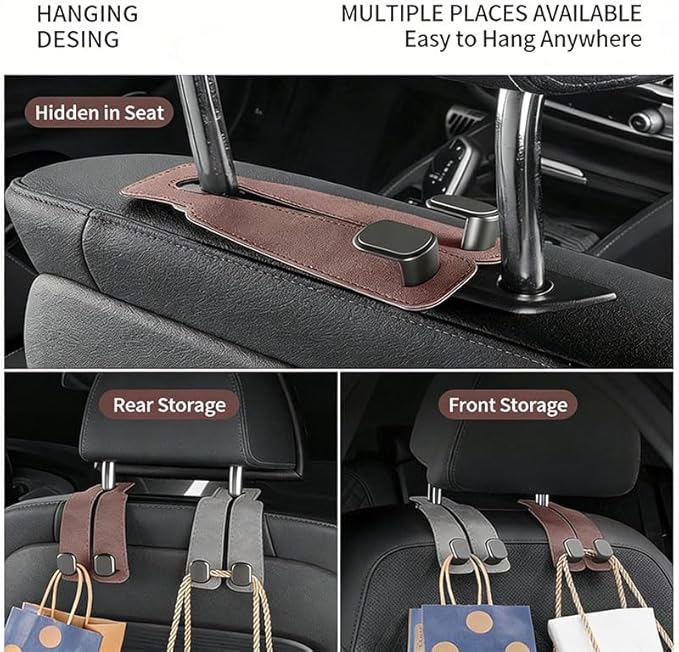 Velocury Car Seat Hooks for Purses and Bags, Foldable Headrest Hooks for Car, Faux Suede Back Seat Organizer for Groceries, Handbags and Accessories (Gray, Pack of 4)