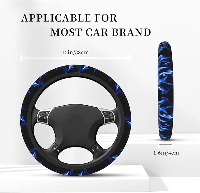 Blue Art Fire Flame Neoprene Steering Wheel Covers Women Men Car Accessories, Universal 15 Inch Fit Auto, Suvs, Truck