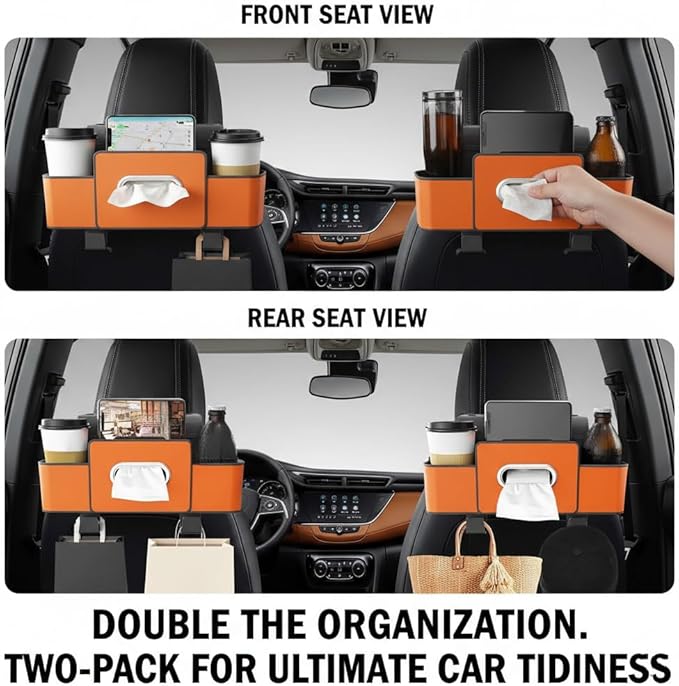 3-in-1 Car Backseat Organizer with Cup Holder, 2026 New Car Organizers and Storage, Multifunctional Back Seat Car Organizer for Hold Phones, Snacks, Drinks, and Handbags (Orange)