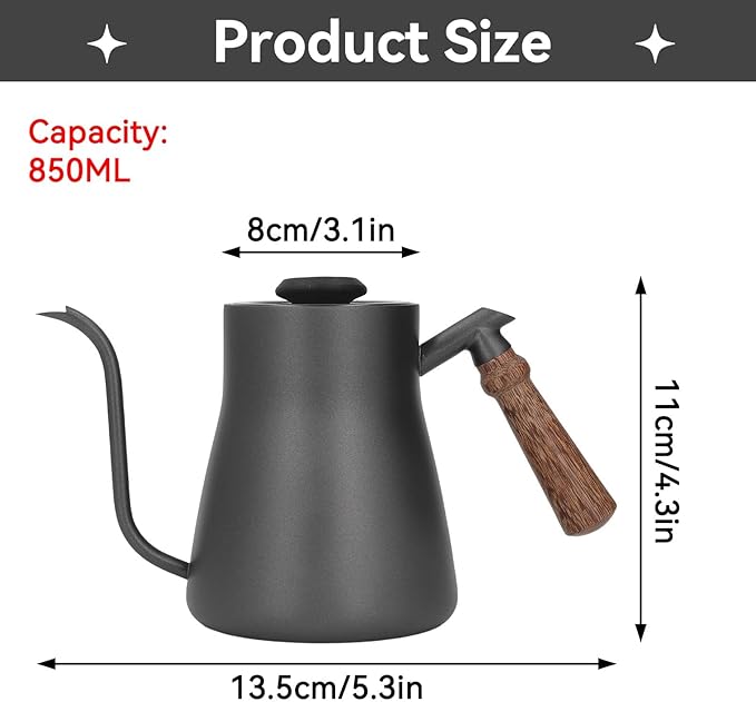 Pour over Coffee Kettle with Thermometer, 850ml Goose Neck Kettle Pot Induction Kettle Stovetop Stainless Steel Gooseneck Kettle with Wood Handle