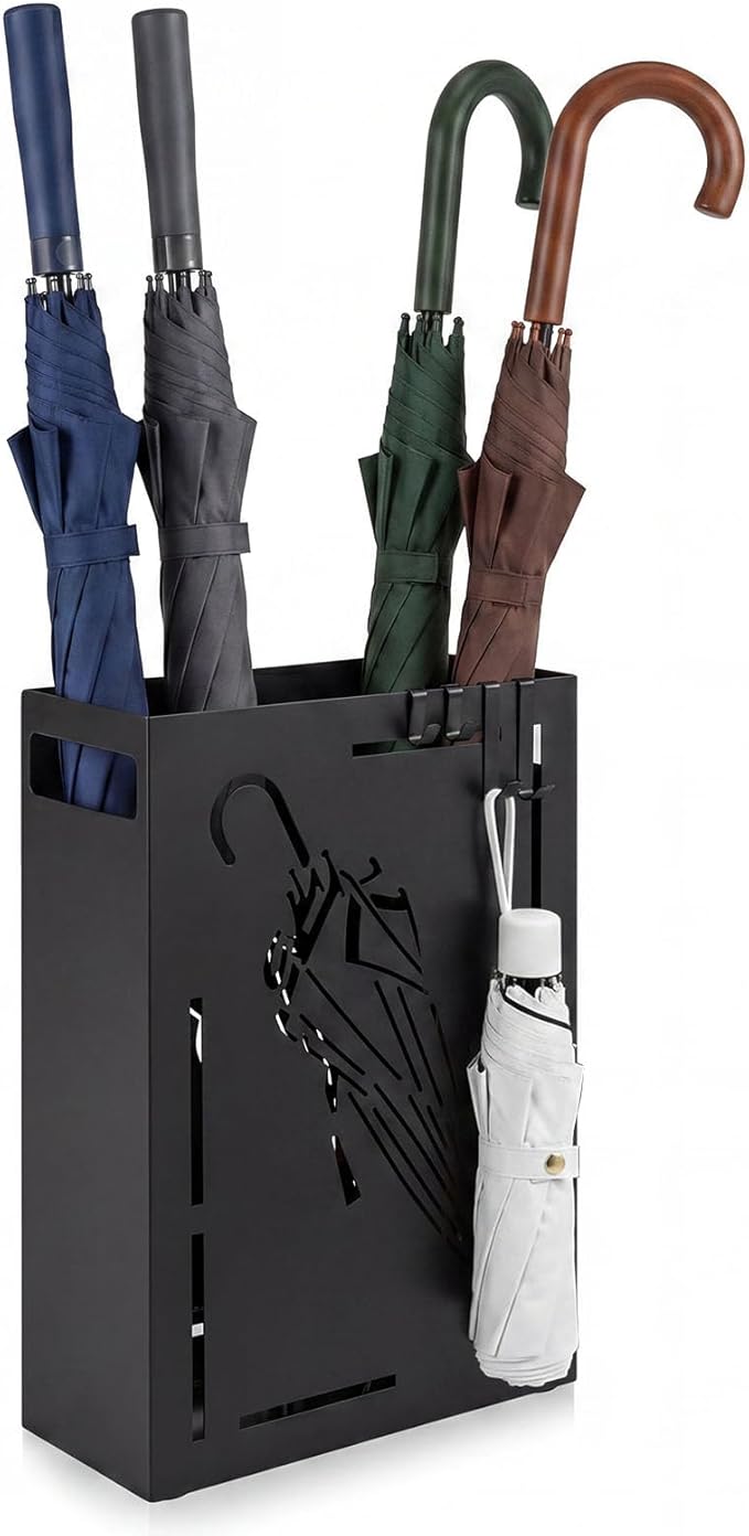 Goplus Metal Umbrella Holder, Rectangular Indoor Umbrella Stand Freestanding w/Removable Drip Tray, 4 Hanging Hooks, Heavy-Duty Umbrella Holders for Entryway, Home Office, 11 x 5 x 16 Inch, Black