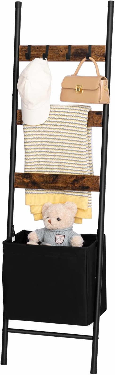 HOOBRO Blanket Ladder with Basket and 6-Tier Towel Rack with Hooks Bundle, Blanket Holder Rack, Decorative Shelf, Drying and Display Rack for Bathroom, Living Room, Rustic Brown BF31CJ01-BF66CJ01