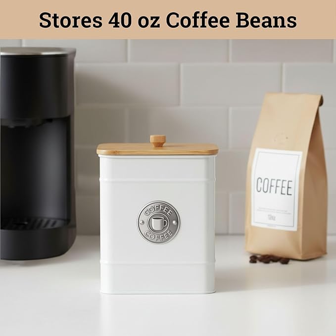 Airtight Coffee Canister - 40 oz Large Iron White Coffee Container Airtight - 6 x 8 inch Metal Jar - Stylish Countertop Container for Grounds, Beans, Pods & More with Rubber-Lined Bamboo Lid